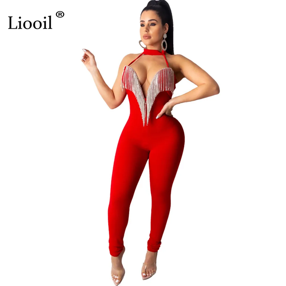 Ceny Liooil czarny z kryształu górskiego frędzle Fringe halter kombinezon Bodycon Sexy kostiumy V Neck Backless do klubu na imprezę pajacyki kombinezon damski