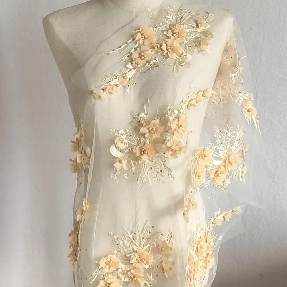 

2Pcs 3D Chiffon Fabric Flower Mesh Embroidery Patch Beaded Applique African Lace Sewing On Wedding Dress Clothes Accessory Diy