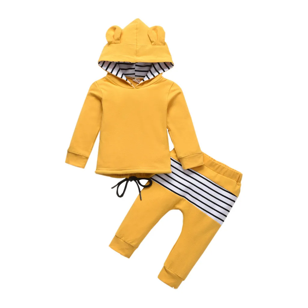 Зимний теплый комплект для малышей; коллекция года; толстовка с капюшоном и ушками для маленьких мальчиков и девочек+ штаны в полоску; комплект одежды roupa infantil menino