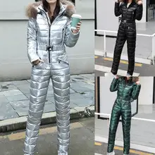 Snow Ski Suit Women Jackets Winter Hooded Parka Jumpsuit Warm Cotton Bodysuit Sashes Zipper Overalls Tracksuit Pant Coat Female