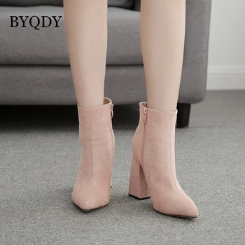 

BYQDY New Sexy 2020 Women Boots Block Square Heel Ankle Boots Side Zipper High Heels Knight USA Woman Shoes Wholesale Apricot