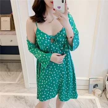 

Summer Women Sexy Mini Robe Set Nightdress Green Print Dot Suspender Skirt Sleepwear Casual Satin Kimono Bathrobe Gown Homewear