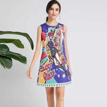 

Designer fashion Chinese style advanced cheongsam sundress 2020 summer new womenswear bead print bead round neck temperament dre