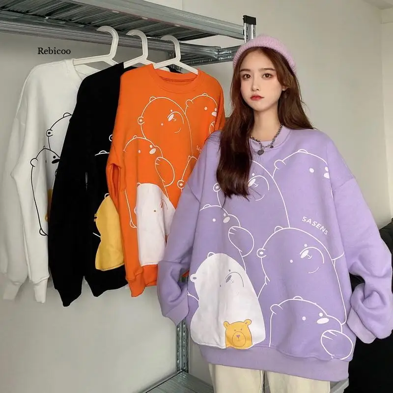 Autumn Winter Women Hoodies Fashion Bear Print Kawaii Anime Sweatshirt Casual Fleece Thick Sweatshirt Women High Quality harajuku fashion women hoodies winter clothes kawaii fleece cute bear anime sweatshirt teen girls aesthetic long sleeve pullover