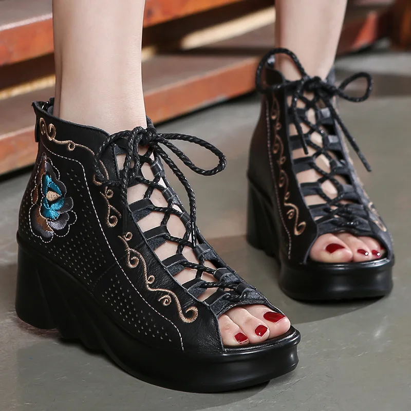 

Pinfeiliren Ethnic-Style Origional Porous WOMEN'S Shoes Hollow out Genuine Leather Fish Mouth Genuine Leather Sandals Embroidery