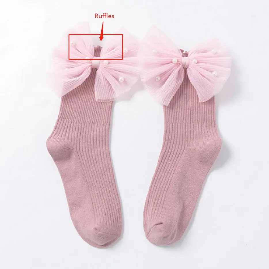 Ruffles Pink Детские кружевные оборки на лодыжке для маленьких девочек; хлопковые носки принцессы с оборками и большим бантом - Цвет: Ruffles Pink