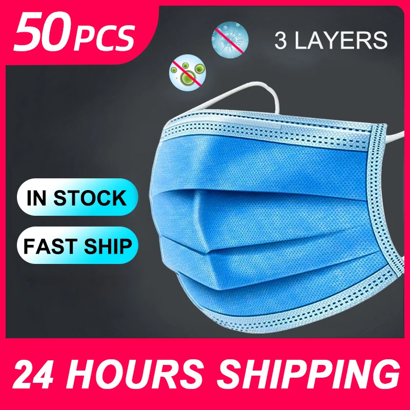 

Disposable Masks 50pcs Face Filter Protective Mouth Mask 3 Layers Mask Facial Cover Anti Dust Earloop Mask Safety PM2.5 In Stock