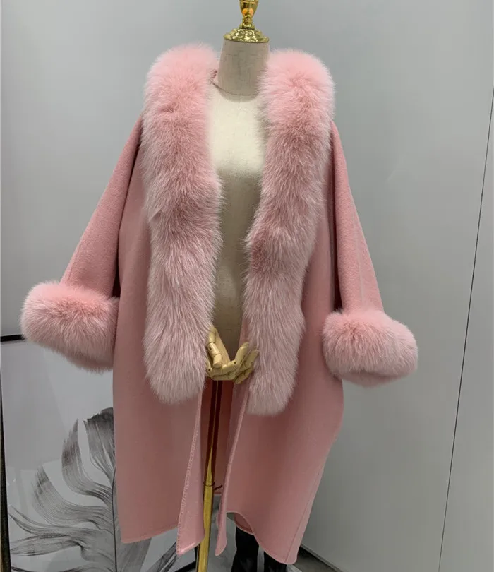 Горячая Распродажа, Кашемировое шерстяное пальто, Воротник из натурального меха лисы, повседневный кардиган с капюшоном, Женская шерстяная куртка, двусторонняя - Цвет: Розовый