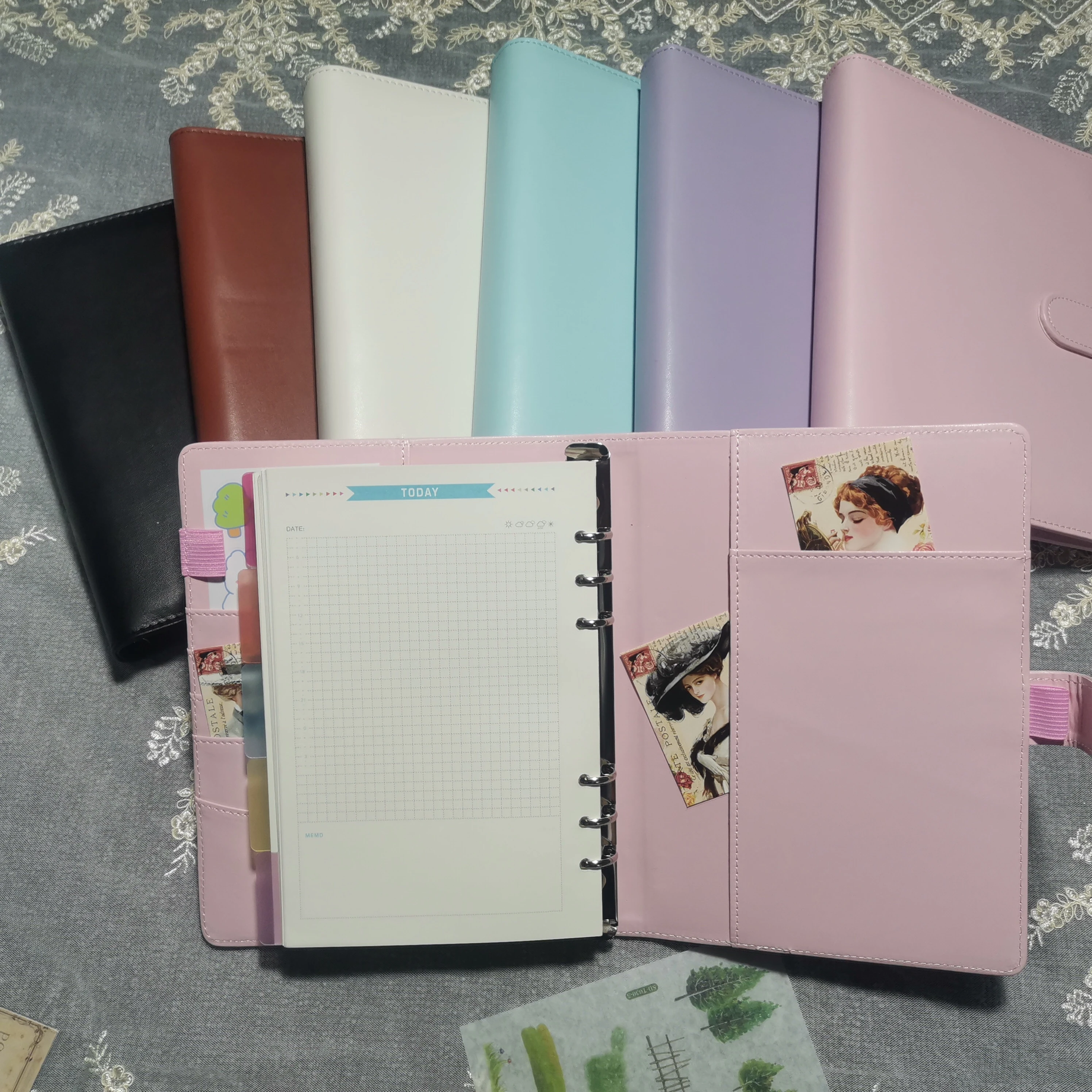 A5 Pu Leather 6 Ring Binder Notebooks Planner Covers Pink Cute Macaron Journal Note Agenda Diary Book Office and School Supplies