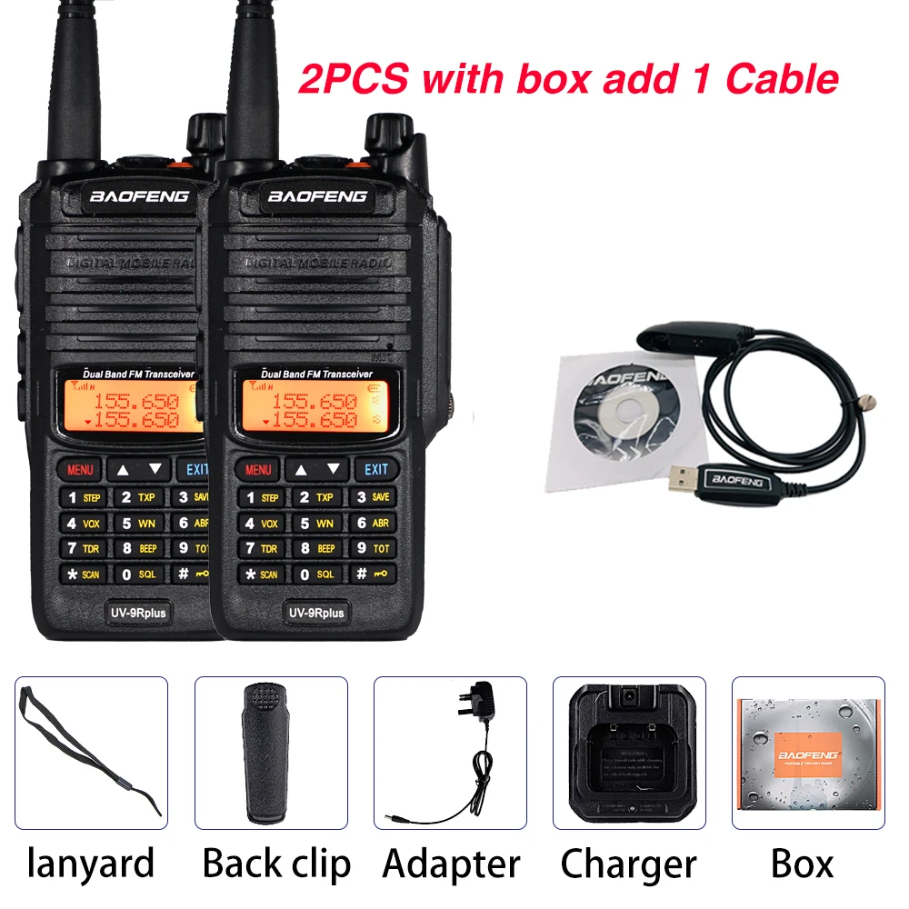 2 шт. 10 Вт Водонепроницаемый Baofeng UV-9R Plus рация 9rhp Двухдиапазонный портативный CB Ham Радио UV9R плюс fm-трансивер передатчик - Цвет: Add1 cable