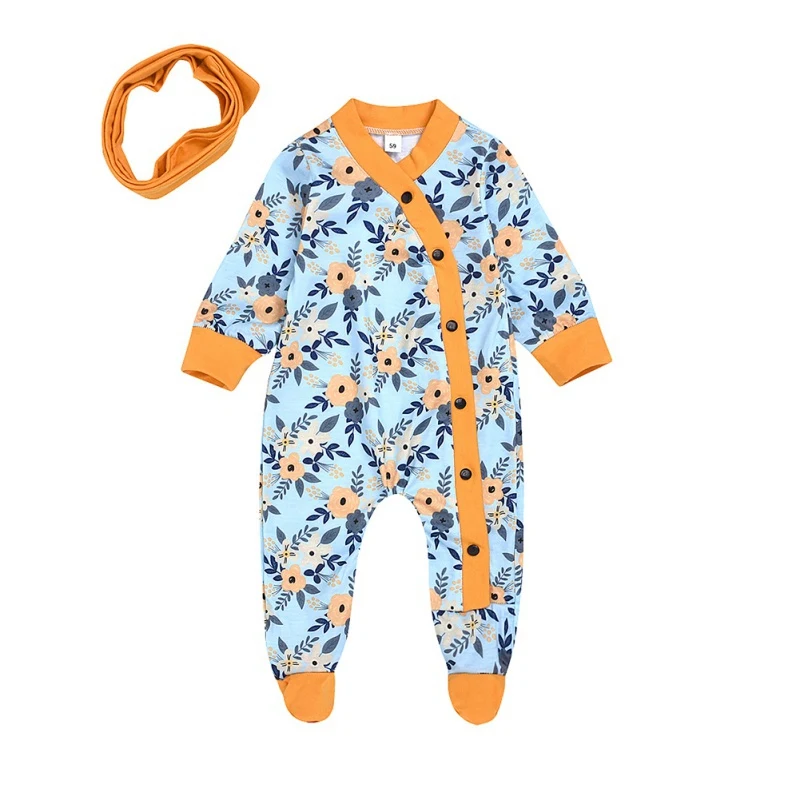 

Infant Baby Clothes Girls Rompers Cotton Flower Pattern Infant Long Sleeve Bodysuit+Headband Newborn Romper Set