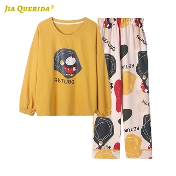 

New Crew Neck Long Sleeve Long Pants Sleepwear Fashion Style Casual Style Woman Clothes Pajamas Set Pj Set Cartoon Printing