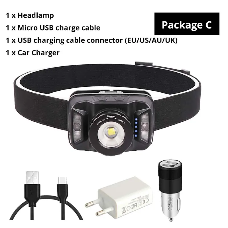 Package-C Зарядка через usb светодиодный налобный фонарь встроенный Индуктивный Сенсор 6-режимный Водонепроницаемый головной светильник с Батарея Дисплей поворотный зум Рыбалка светильник - Испускаемый цвет: Package-C