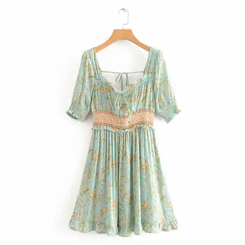 

2020 new Spring Summer European Rice Positioning Printed Elastic Design Flounced Back Lace-up zaraing women Dress DFJ9093