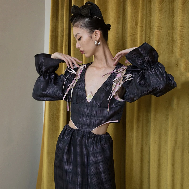 [EAM] Women Pattern Printed Hollow Out Long Dress