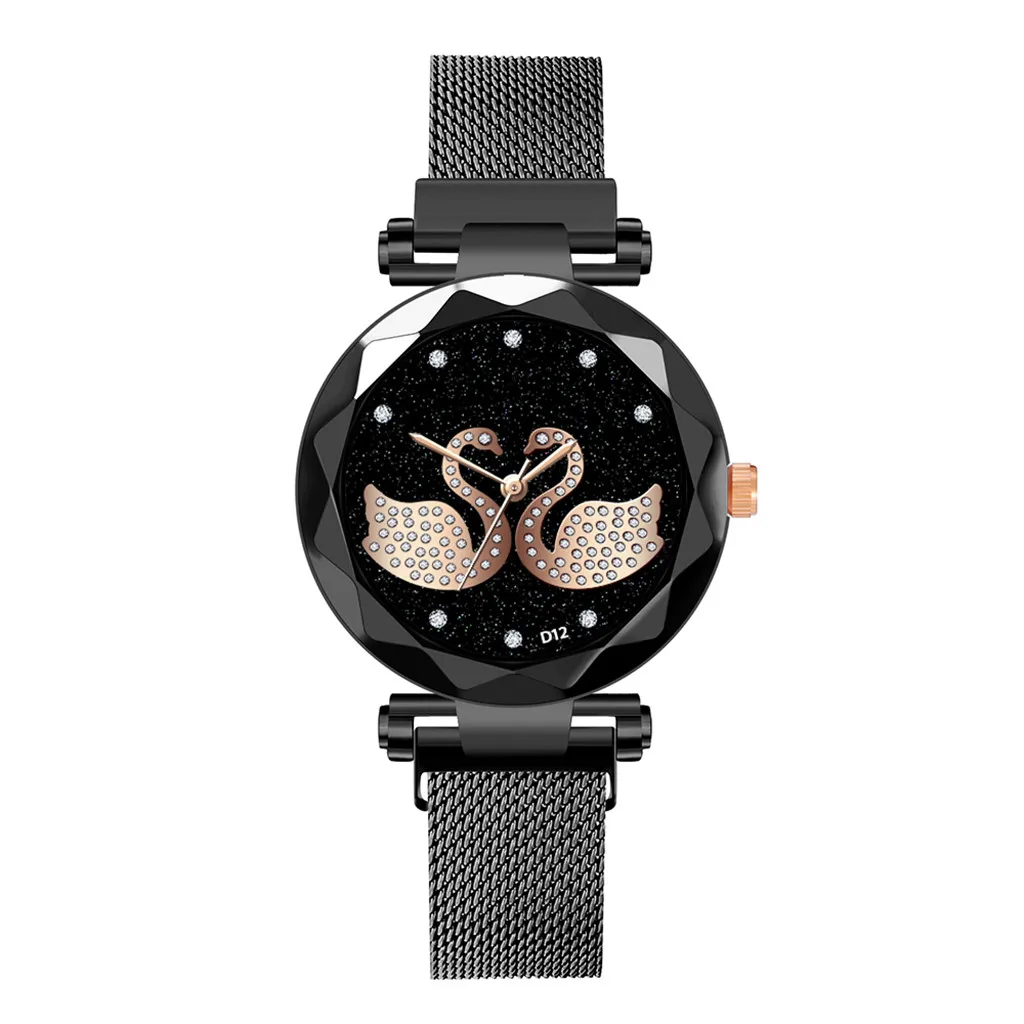 Лидер продаж женские часы с принтом двух лебедей женские часы с магнитной пряжкой звездное небо Роскошные Кварцевые часы Relogio Feminino# W - Цвет: Black