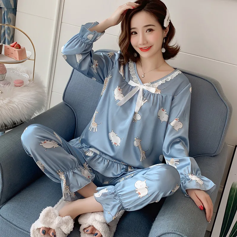 

Pajamas Women's Spring And Autumn Viscose Korean-style Students Fresh Mango Long Sleeve Thin Model Silk Tracksuit Two-Piece Set