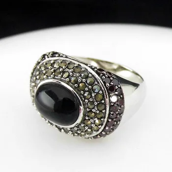 

FNJ Natural Black Agate Rings 925 Silver Original S925 Thai Silver Ring for Women Jewelry MARCASITE Statement