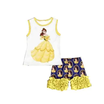

Hot sale boutique kids outfit cartoon figure print vest yellow printed icing shorts