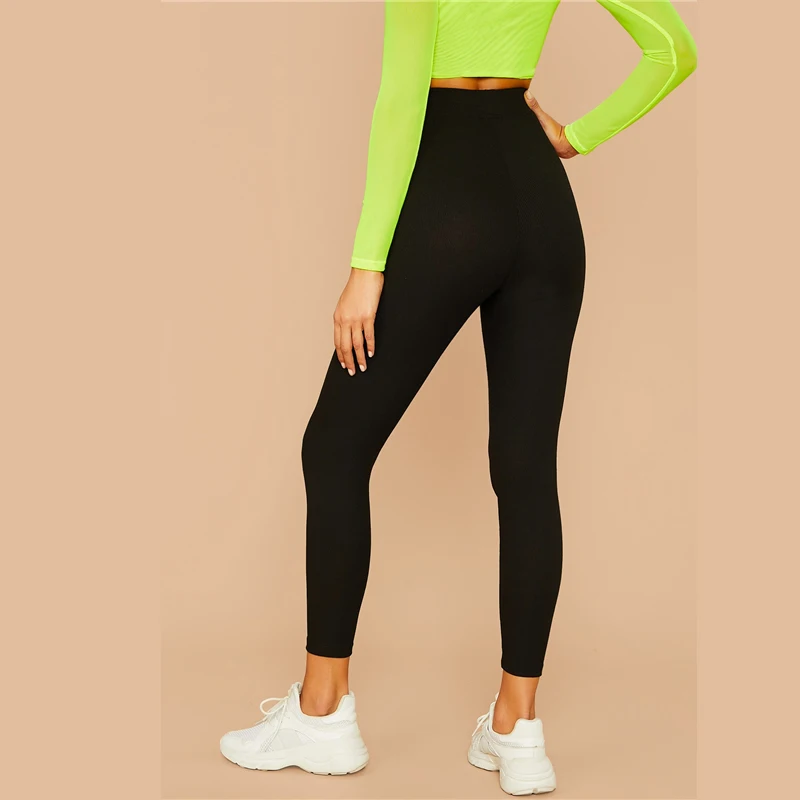 SHEIN черные однотонные ребристые трикотажные обтягивающие стандартные леггинсы женские штаны осенняя одежда для активного отдыха эластичные укороченные повседневные брюки