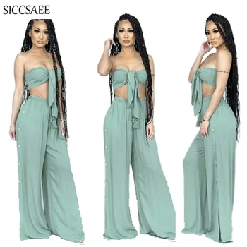 

Mint Green Strapless Outfits For Women Bow Crop Top Wide Leg Long Pants Button Side 2 Piece Set Solid Color Backless Tube Fall