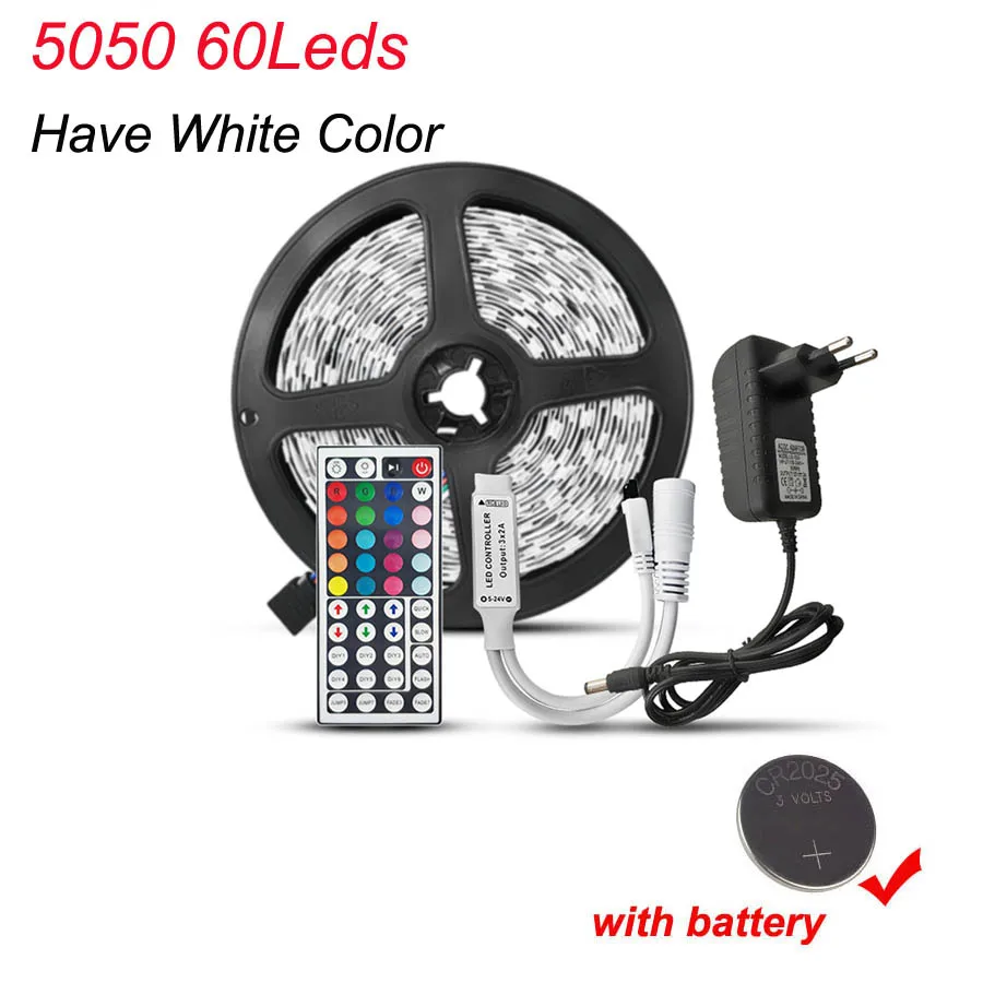 5050 60 with battery 5 м SMD 5050 Светодиодные ленты светильник DC12V RGB полосы Водонепроницаемый светодиодный лента диод неоновая лента гибкий светодиодный светильник с контроллером адаптер - Испускаемый цвет: 5050 60 with battery