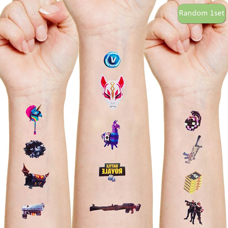 Fortnite-pegatina de tatuaje de dibujos animados al azar, 1 Juego de personajes de acción, juguete para decoración de la piel, regalo de cumpleaños de Navidad para niños y niñas