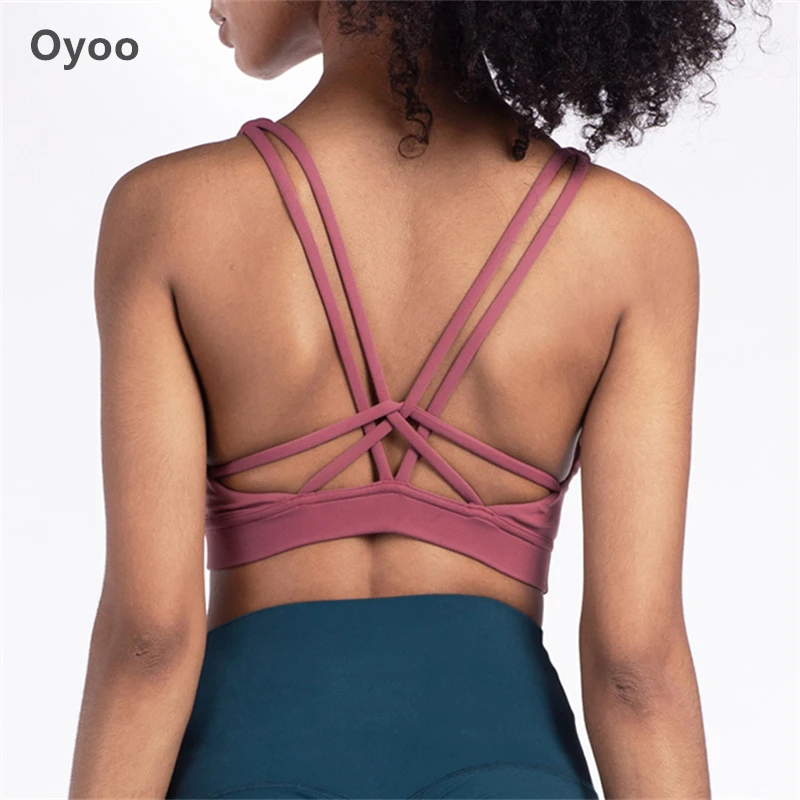 

Oyoo Skin-friendly Nylon Sport Bra High Support Yoga Bra Haut Femme Exercise Tops V Neck Brassiere Sport Femme Blue Fitness Top