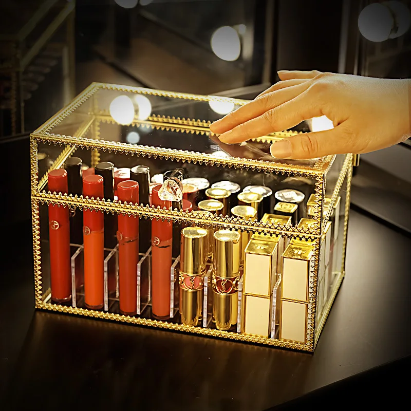 Chic Acrylic Glass Makeup Organizer Storage Lipstick Nail Polish Case Holder Display Rack Golden 24 Grids Container 4