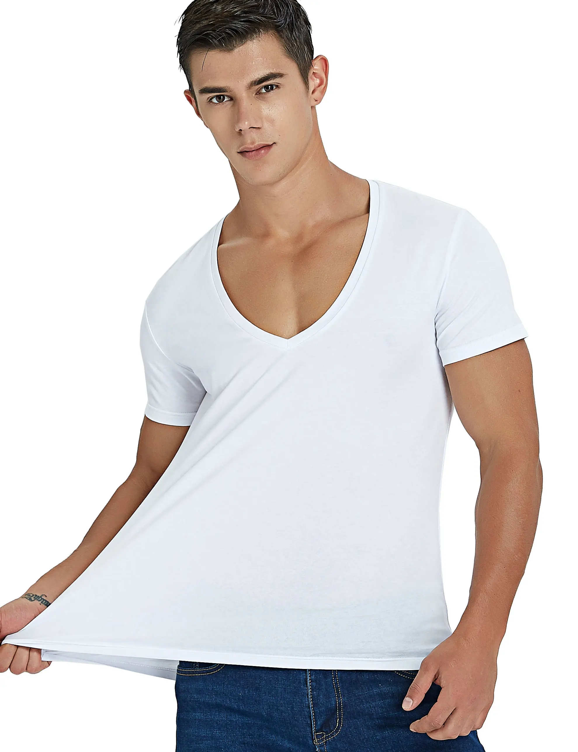 Peregangan Deep V Neck T Shirt untuk 