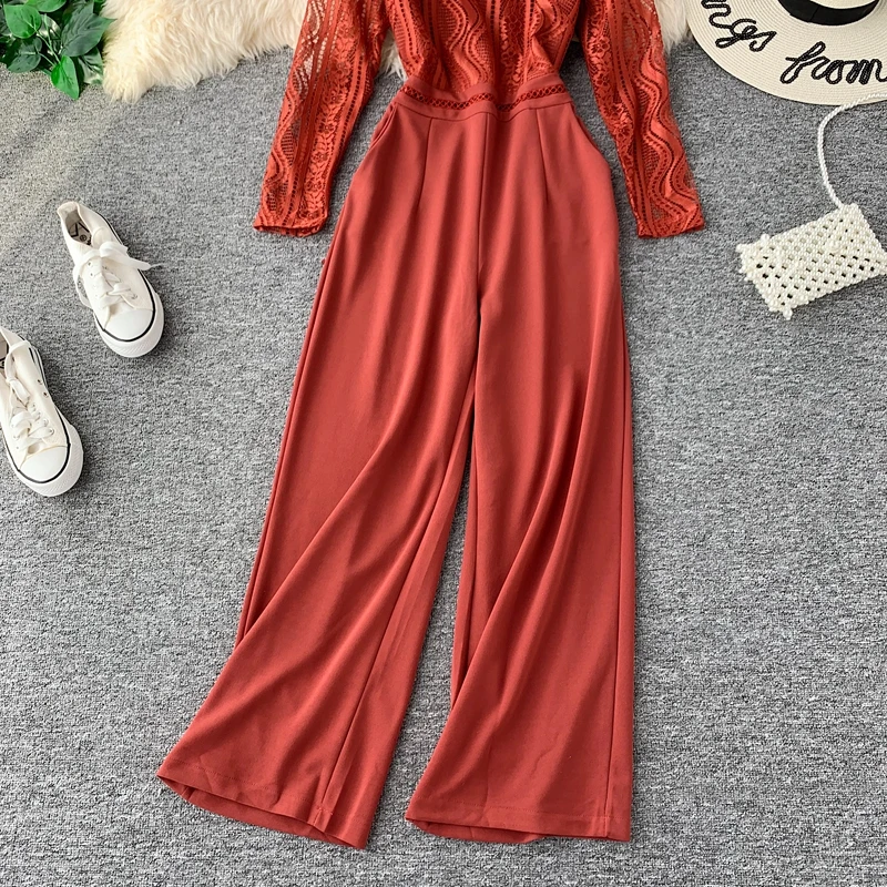Autumn Fashion Sexy Lace Hollow Stitching Wide-legged High Waist Long Sleeve Jumpsuits Women Solid Color Elegant Overalls J897