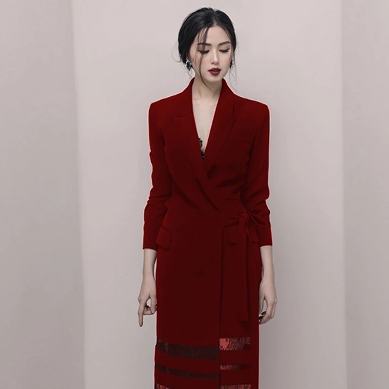 Красный осенний Модный женский длинный рукав Темперамент бедра платье кружева сшивание Блейзер vestido костюм куртка офисное женское платье