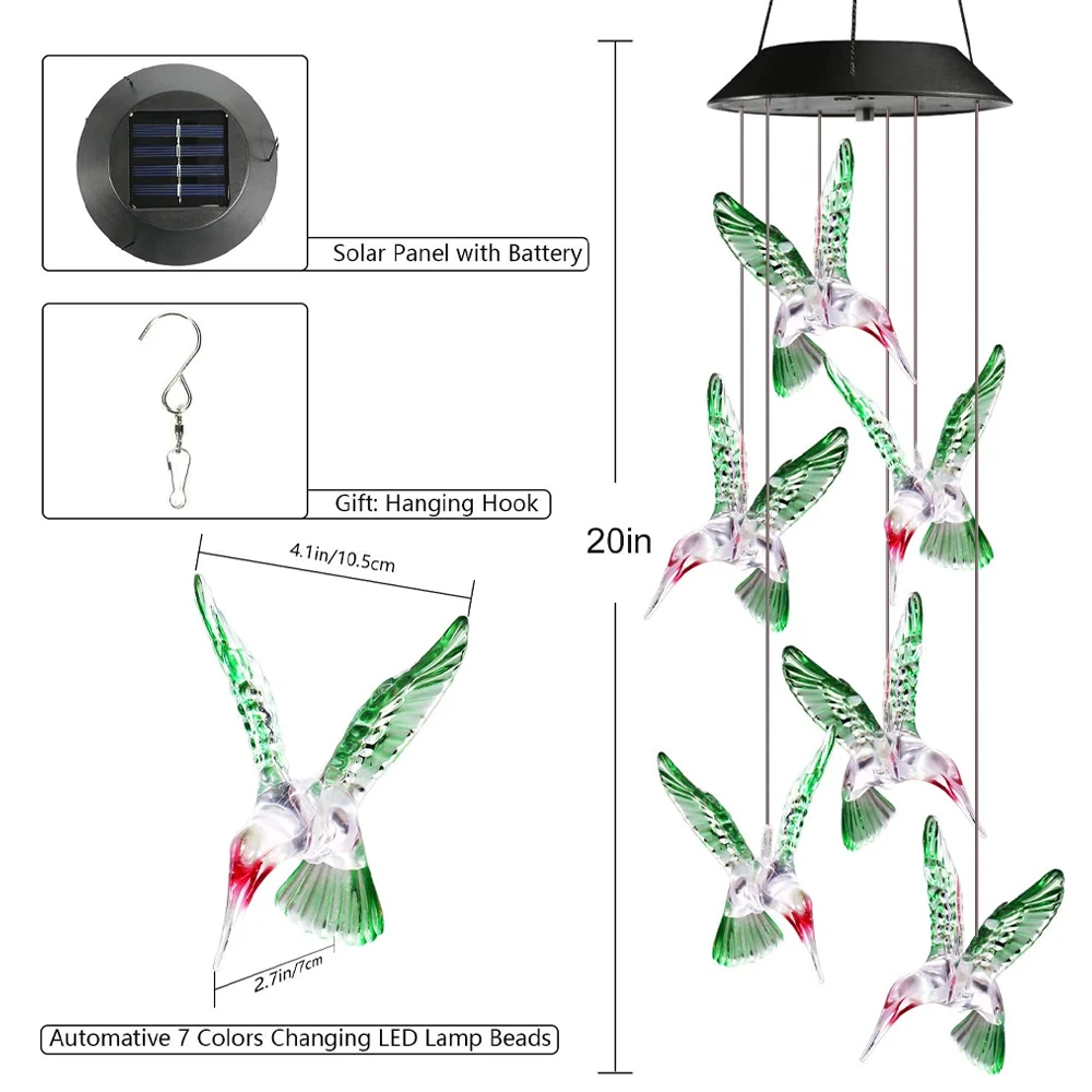 Color changing Solar Wind Chime Crystal Ball Hummingbird Wind Chime Lamp Waterproof Outdoor Use for Courtyard Garden Decoration outdoor solar spot lights