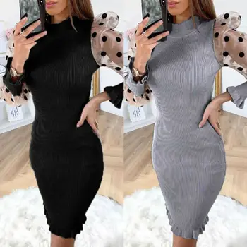

Women Spring Fall Mesh Puff Long Sleeve Ribbed Knitted Dress Slim Casual Polka Dots Bodycon Dress Elegant Clubwear Party Clothes