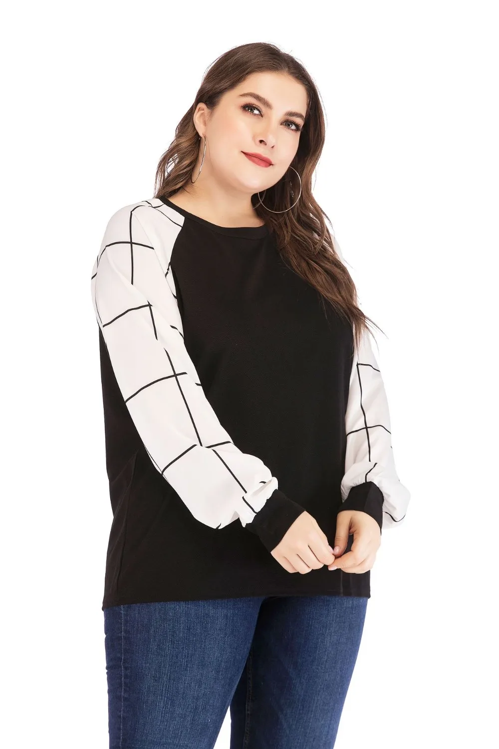 Модные осенне-зимние топы размера плюс для женщин, свободная повседневная клетчатая футболка с длинным рукавом и круглым вырезом, черная 4XL 5XL 6XL 7XL