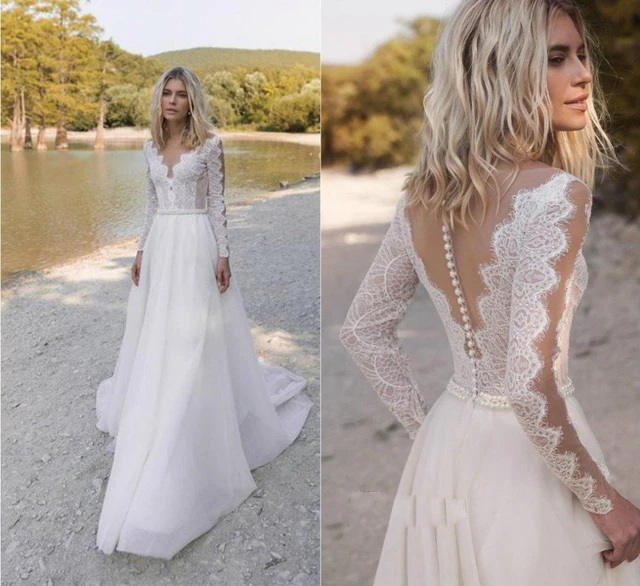 Robe De Mariee Bohemian Wedding Dresses New Design Lace Satin Bridal Gowns  Button Back A-Line Wedding Dress