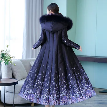 

Rlyaeiz Fashion Printed Winter Coat 2019 New Winter Jackets Women Fur Collar Hooded Slim Parka X-Long Winter Warm Coat For Women