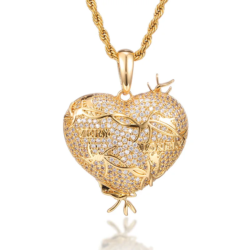 

Hip Hop Claw Setting 5A+ Cubic Zirconia Bing Iced Out Very Lonely Heart Pendants Necklace for Men Rapper Jewelry Gift