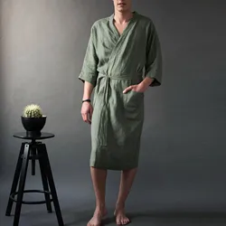 Solid Color Linen Pajamas Men's Short Sleeved Home Long Bathrobe Classic Belted Jumpsuit All Seasons Unisex Pajama Jumpsuits A50