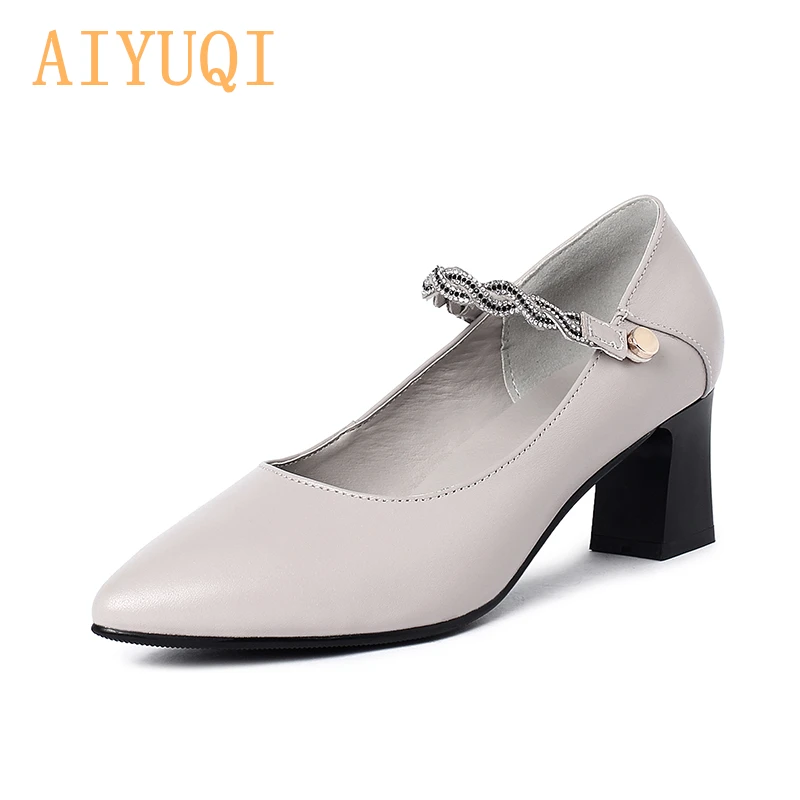 

AIYUQI Women Fashion Shoes Mid Heels 2020 Spring Genuine Leather Women's Shoes Pointed Professional Office Single Shoes Women