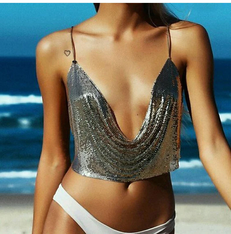 Женский сексуальный укороченный топ с открытой спиной, майка с блестками Moda Mujer, лето, v-образный вырез, цепь, вечерние, для клуба, уличная одежда, женская одежда