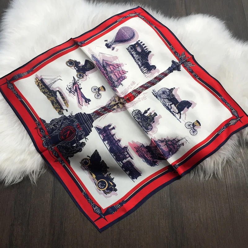 

POBING 100% Pure Silk Scarf For Ladies Horse Carriage Print Square Scarves Small Head Handkerchief Wholesale Hijab Wraps 53x53CM
