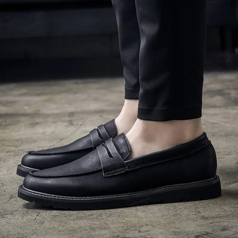 

Concise Mens Leisure Dress Shoes Black British Designer Round Toe Slip On Trending Loafer Casual Shoes For Man Size 38-44