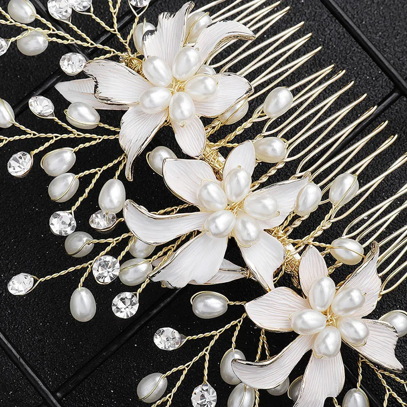 Floralbride Handmade Wired Rhinestones Crystal Pearls Flower Wedding Hair Comb Bridal Headpieces Hair Accessories Women Jewelry