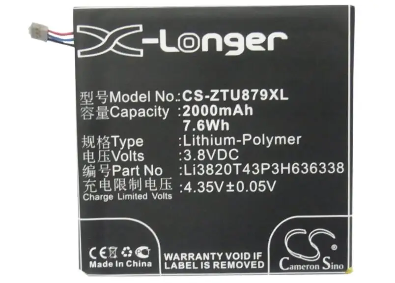 Cameron sino 2000 мА/ч, Батарея для zte A75 лезвие L2 U879 U889 V879 Li3820T43P3H636338 Li3820T43PH636338 мобильный, смартфон, Батарея
