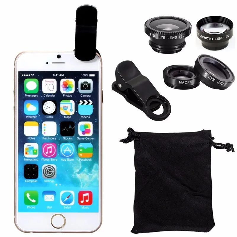

Universele Clip 4in1 Macro 2X Telephoto Wide Angle Fish eye Lens For LG g2 g3 g4C g5 Sony xperia z1 z3 compact m5 iPhone 5 6 7 8