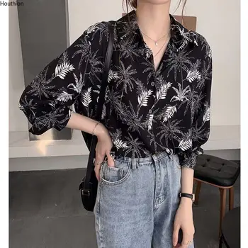 

Houthion Women's Top Shirt Blouse Summer Retro Printed Top Chiffon Shirt Blouse Turn-down Collar Button Casual