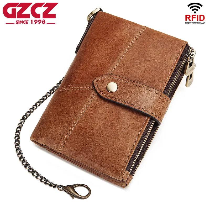 GZCZ Rfid Genuine Leather Rfid Men Wallet PORTFOLIO Wallets Chain Coin Purse Short Male Money Bag Card Holder Small portomonee