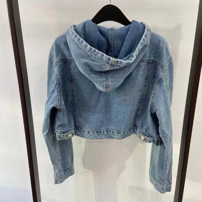 Stylish Blue Hooded Jeans Jacket Women Single-Breasted Short Jeans Coat High Street Harajuku Denim Coat Blue Tops