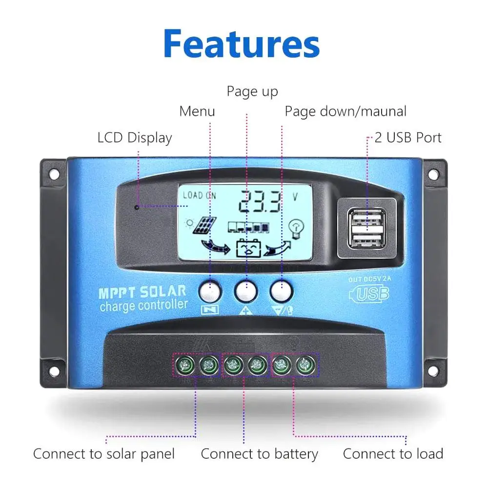 Controlador de Carga Mppt Controlador Solar Duplo 5v - 2a Reversa Conexão Proteção Barco Casa Display Lcd Usb 9 Cheap Painel solar